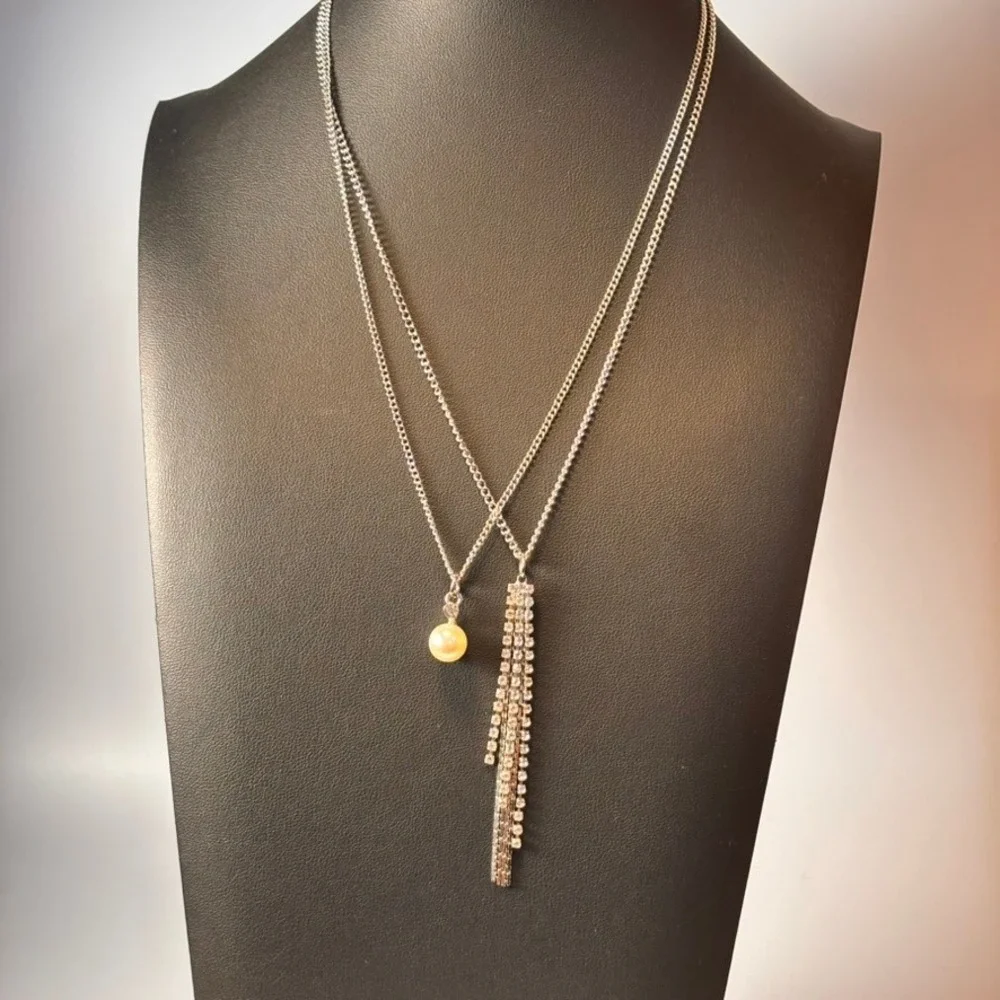 Vintage Necklace Set Silver Pearl Rhinestone Fringe Tassel Y2K Boho Statement